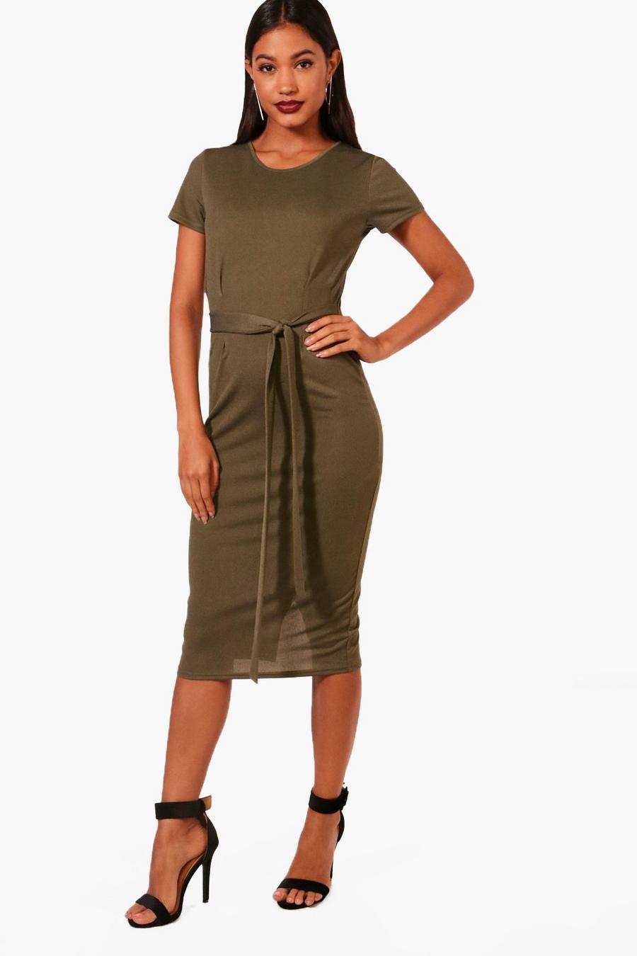 Khaki Tie Waist Fitted Dress image number 1