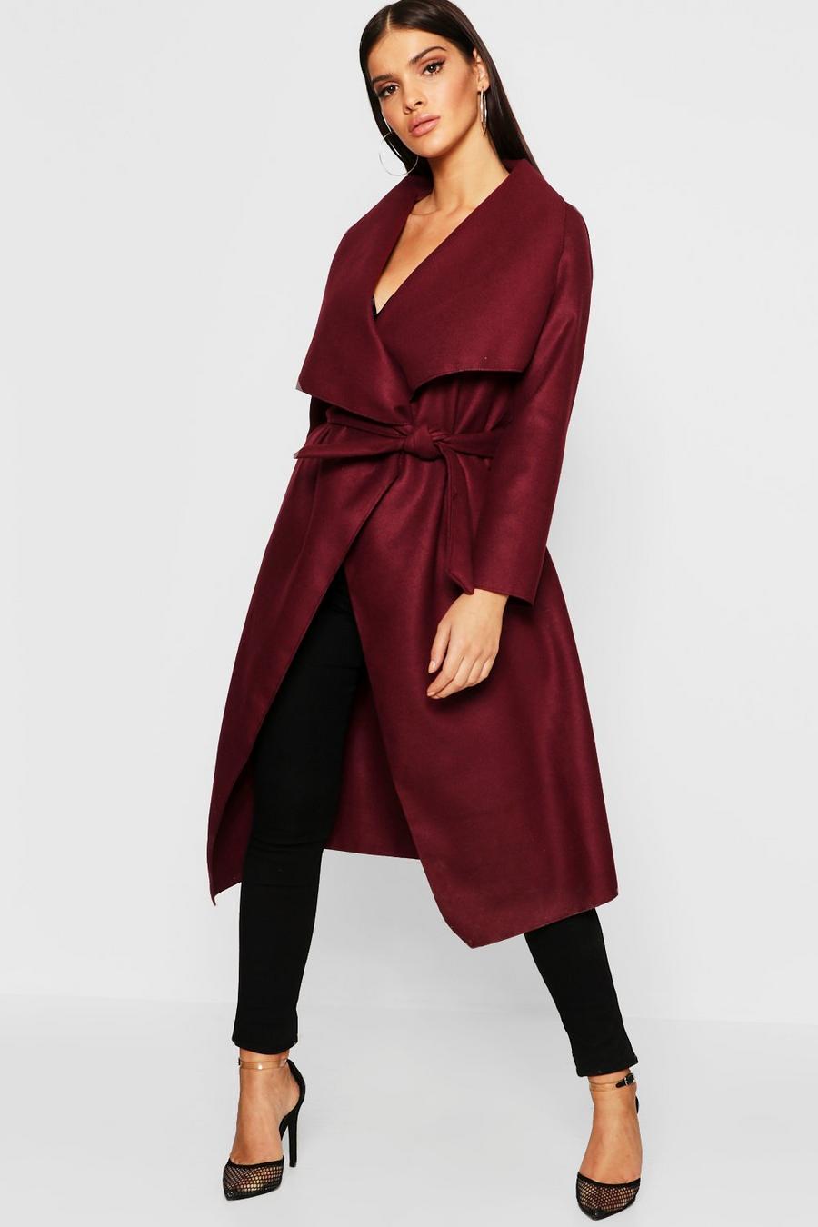 Burgundy Belted Waterfall Coat image number 1