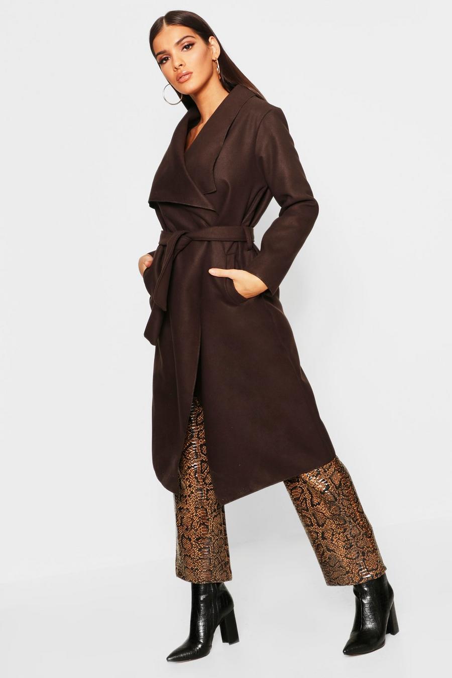 Chocolate brown Belted Waterfall Coat image number 1