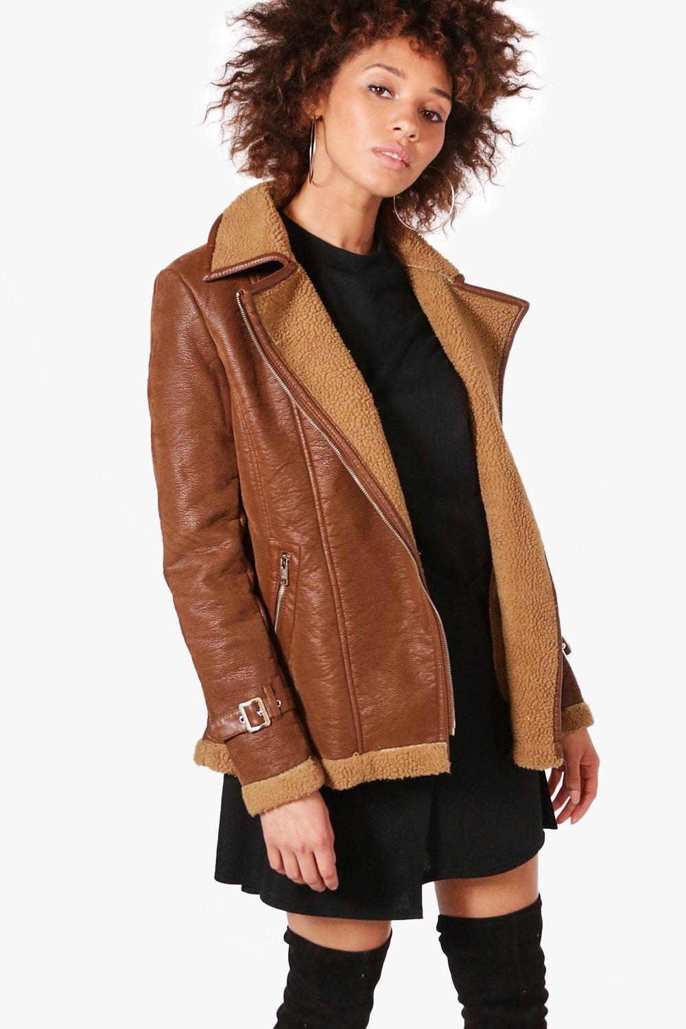 Women s Lauren Faux Shearling Aviator Jacket Boohoo UK