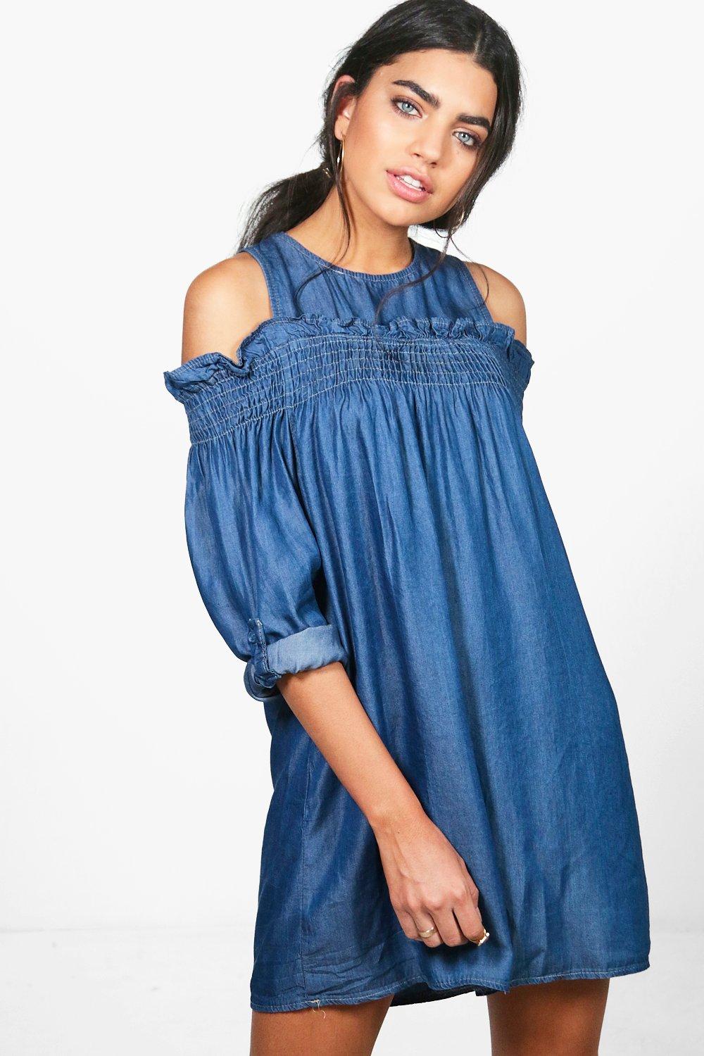 boohoo off shoulder denim dress