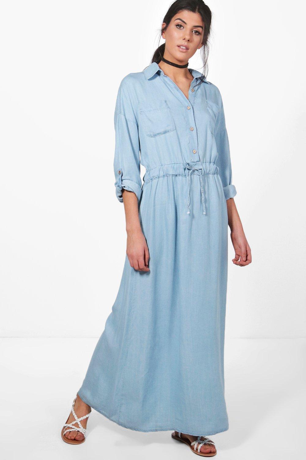 maxi dress with denim shirt