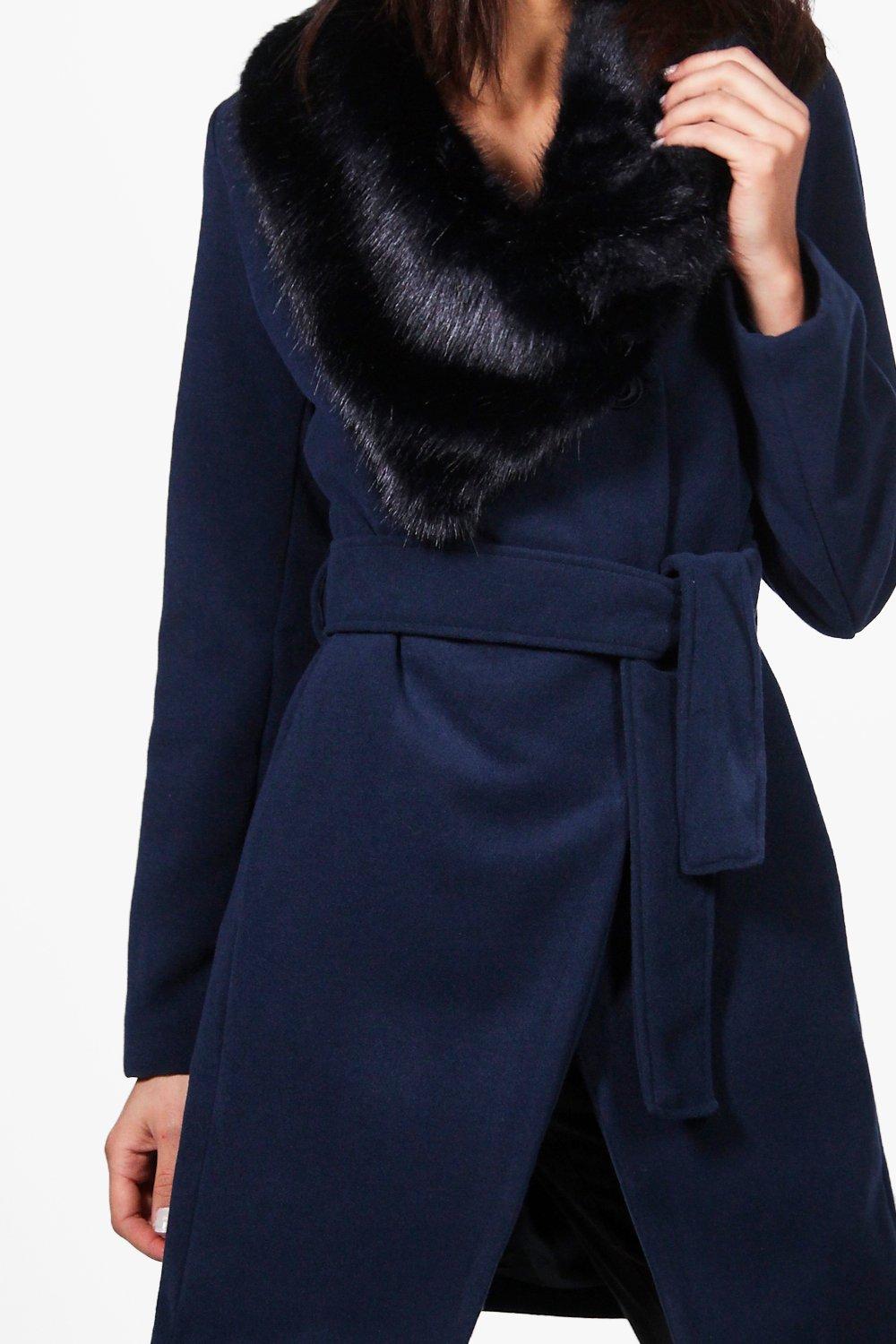 Caroline Faux Fur Collar Belted Coat boohoo DK