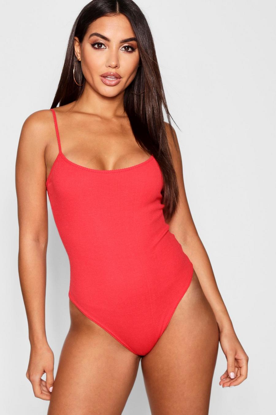 Red Ribbed Strappy Bodysuit image number 1