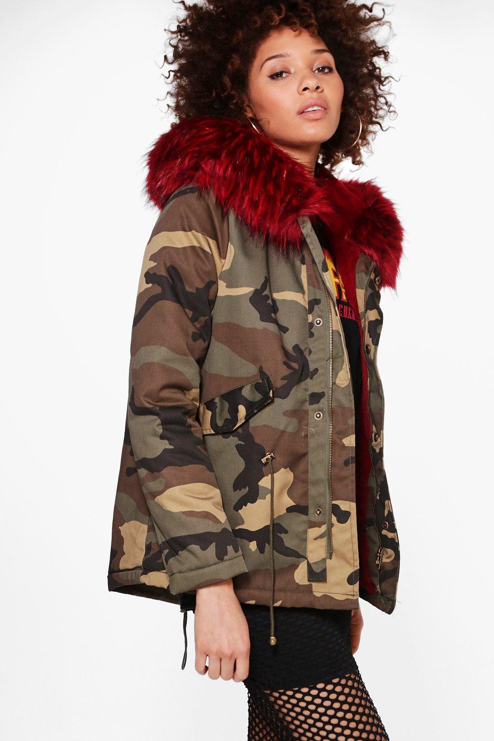 camo faux fur lined parka