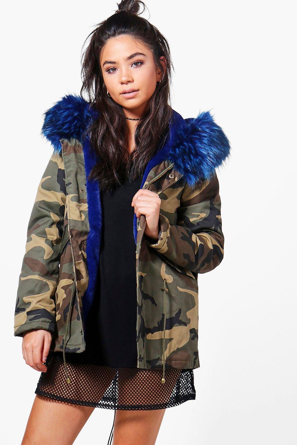 camo faux fur lined parka