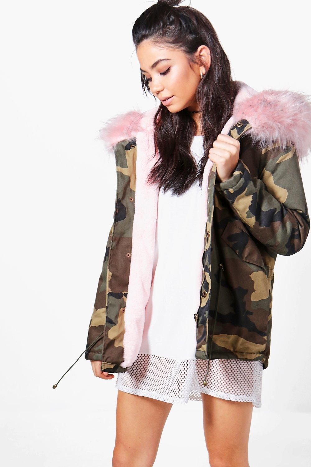 Camo parka sale pink fur