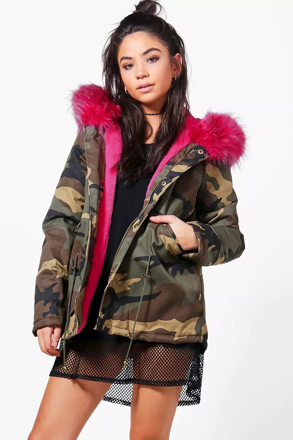 Camouflage parka with pink fur hood best sale