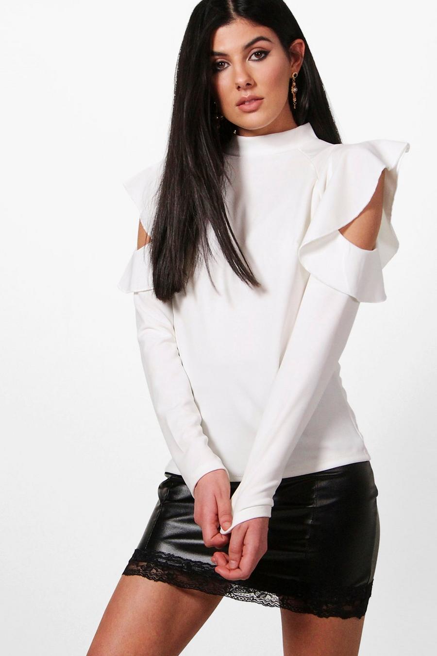 Ivory white Ruffle Cold Shoulder Top image number 1