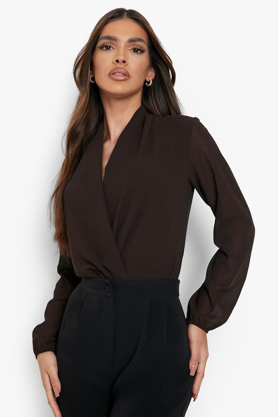 Chocolate marrón Drape Chiffon Long Sleeve Woven Bodysuit