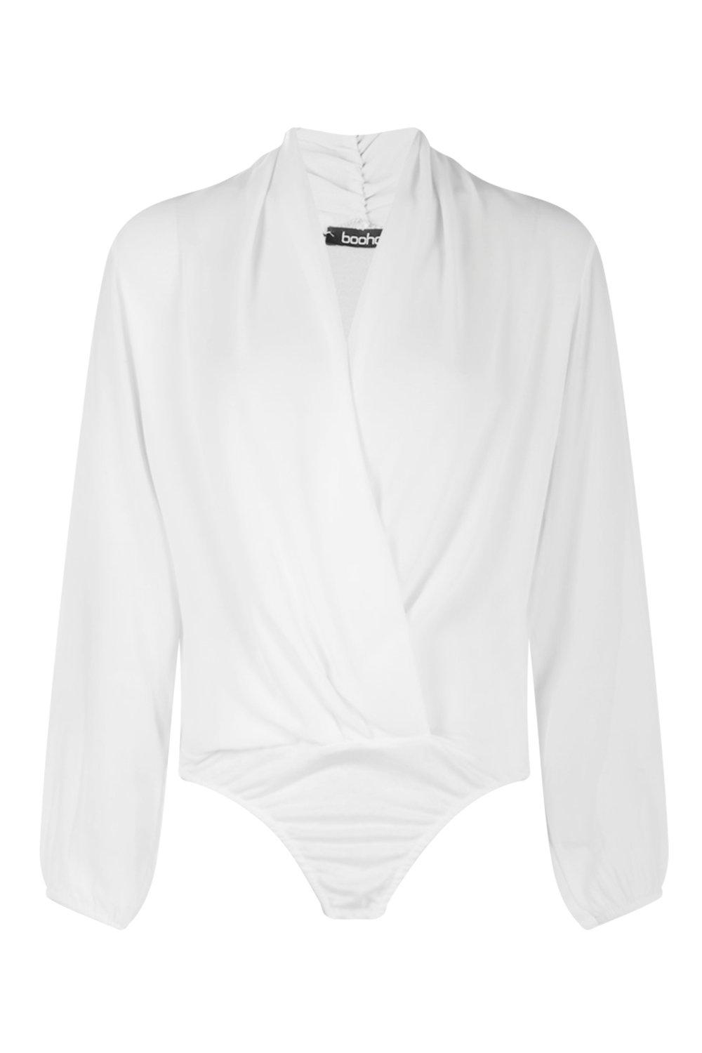 Buy Boohoo Wrap Chiffon Sleeves Bodysuit Top In White