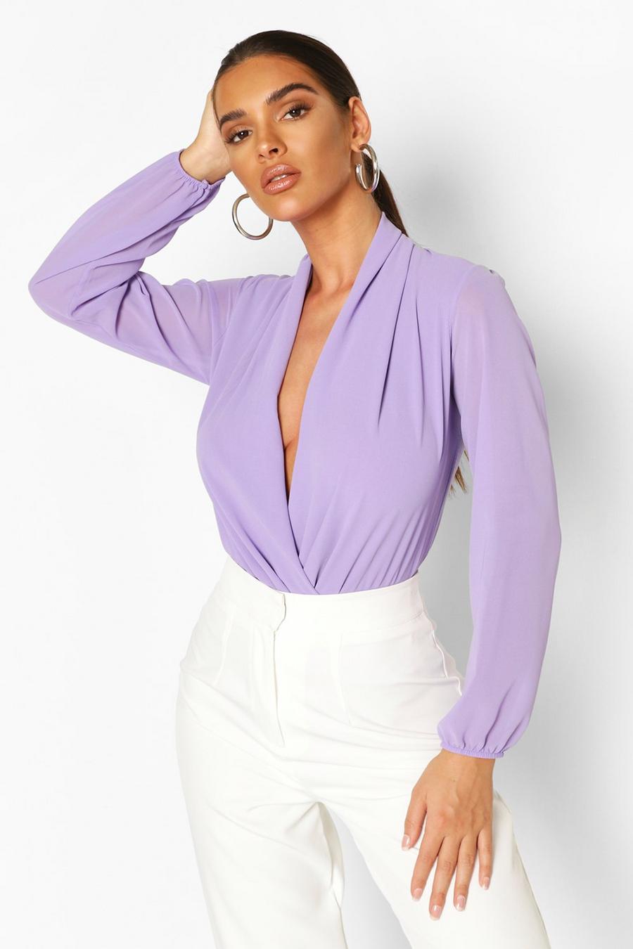Lilac purple Drape Chiffon Long Sleeve Woven Bodysuit