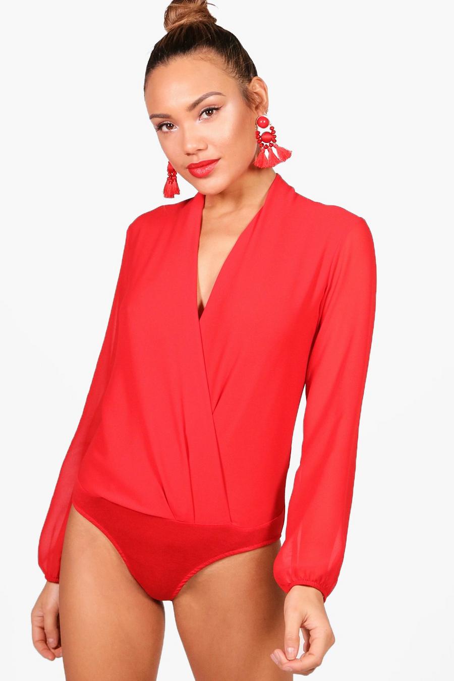 Red Drape Chiffon Long Sleeve Woven Bodysuit image number 1