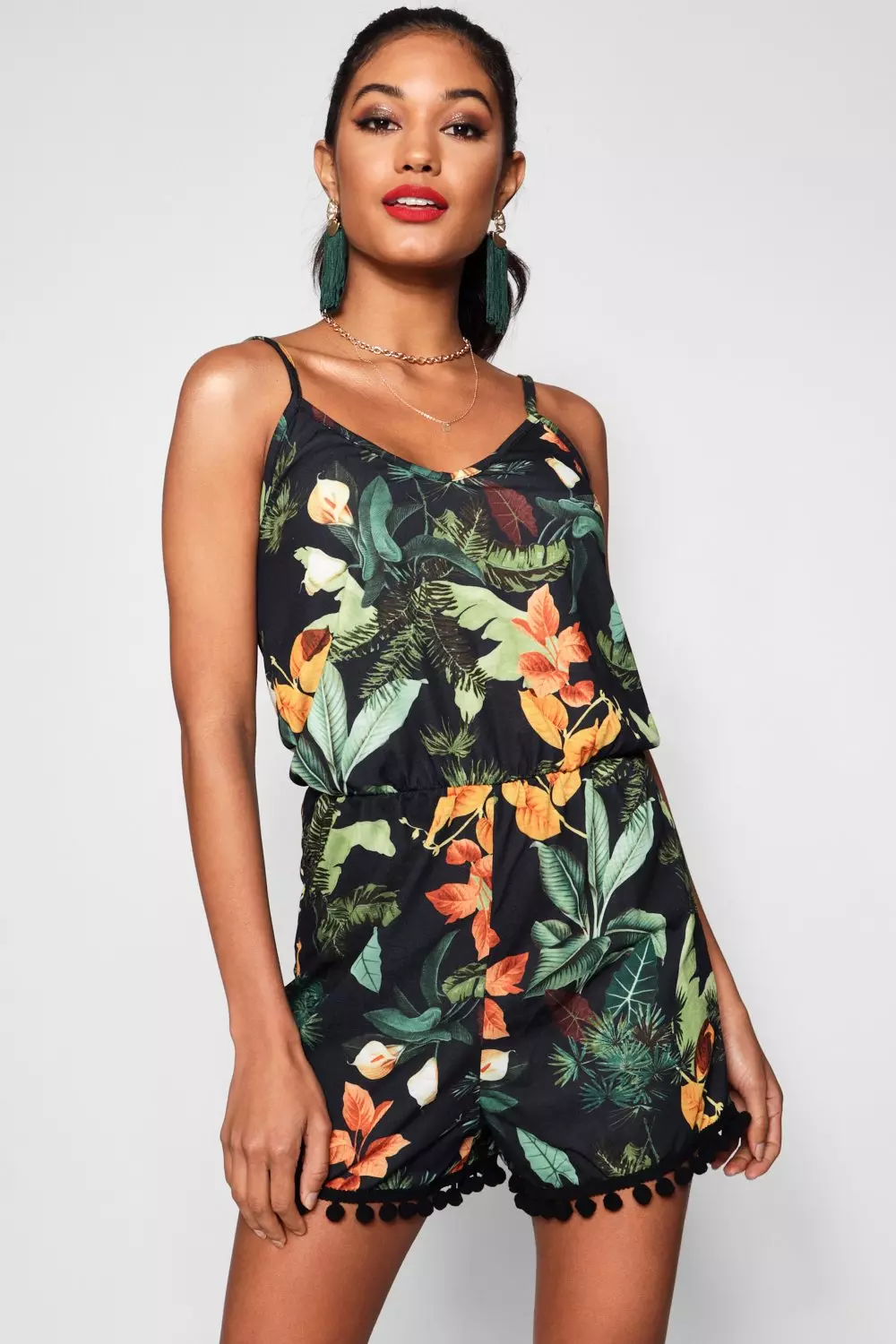 Multi Pom Pom Palm Print Playsuit alternative image