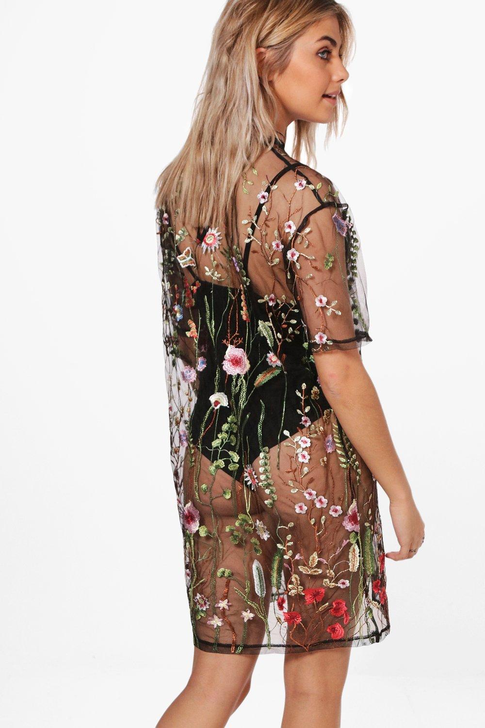 boohoo embroidered mesh tiered lace dress