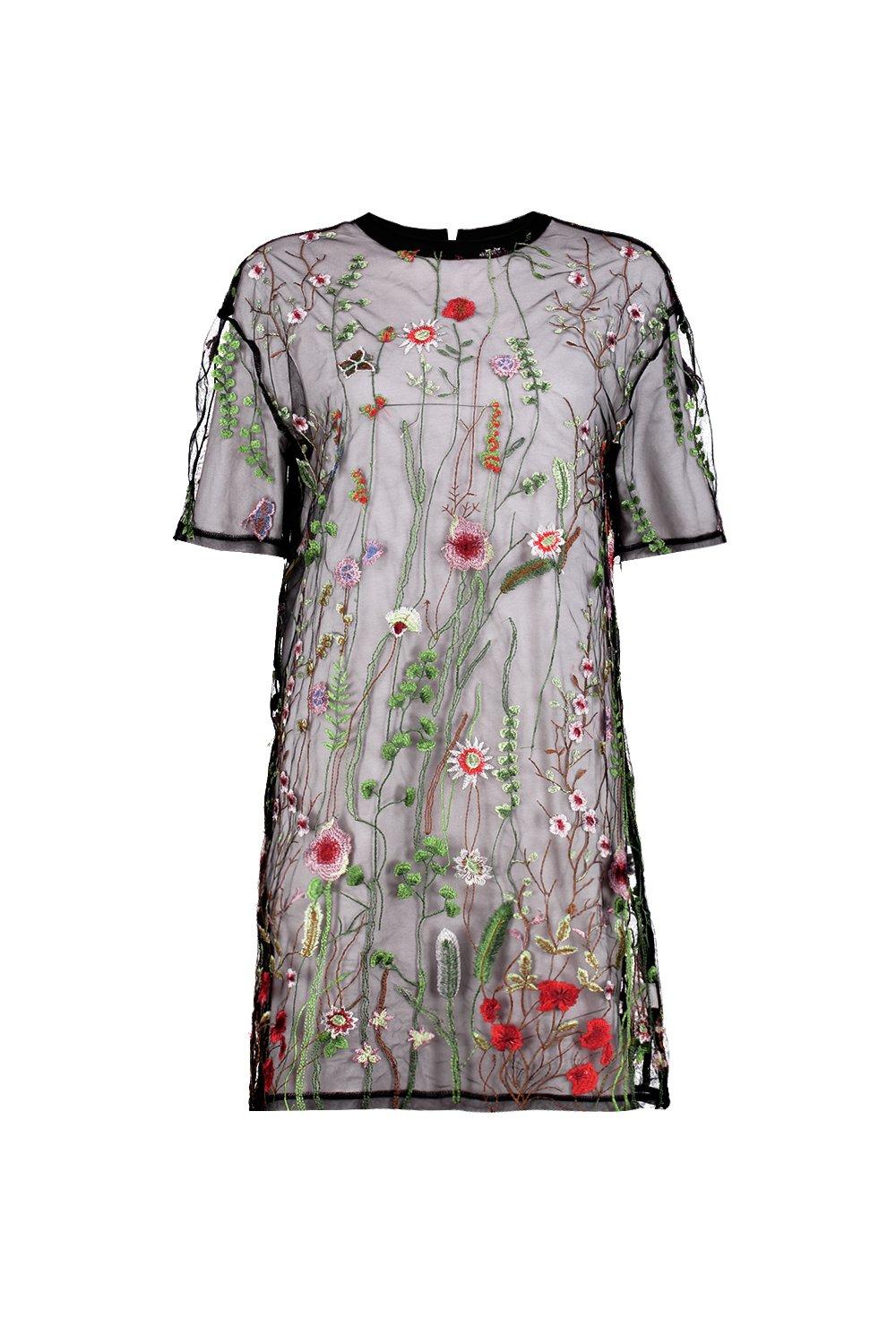 embroidered mesh t shirt dress