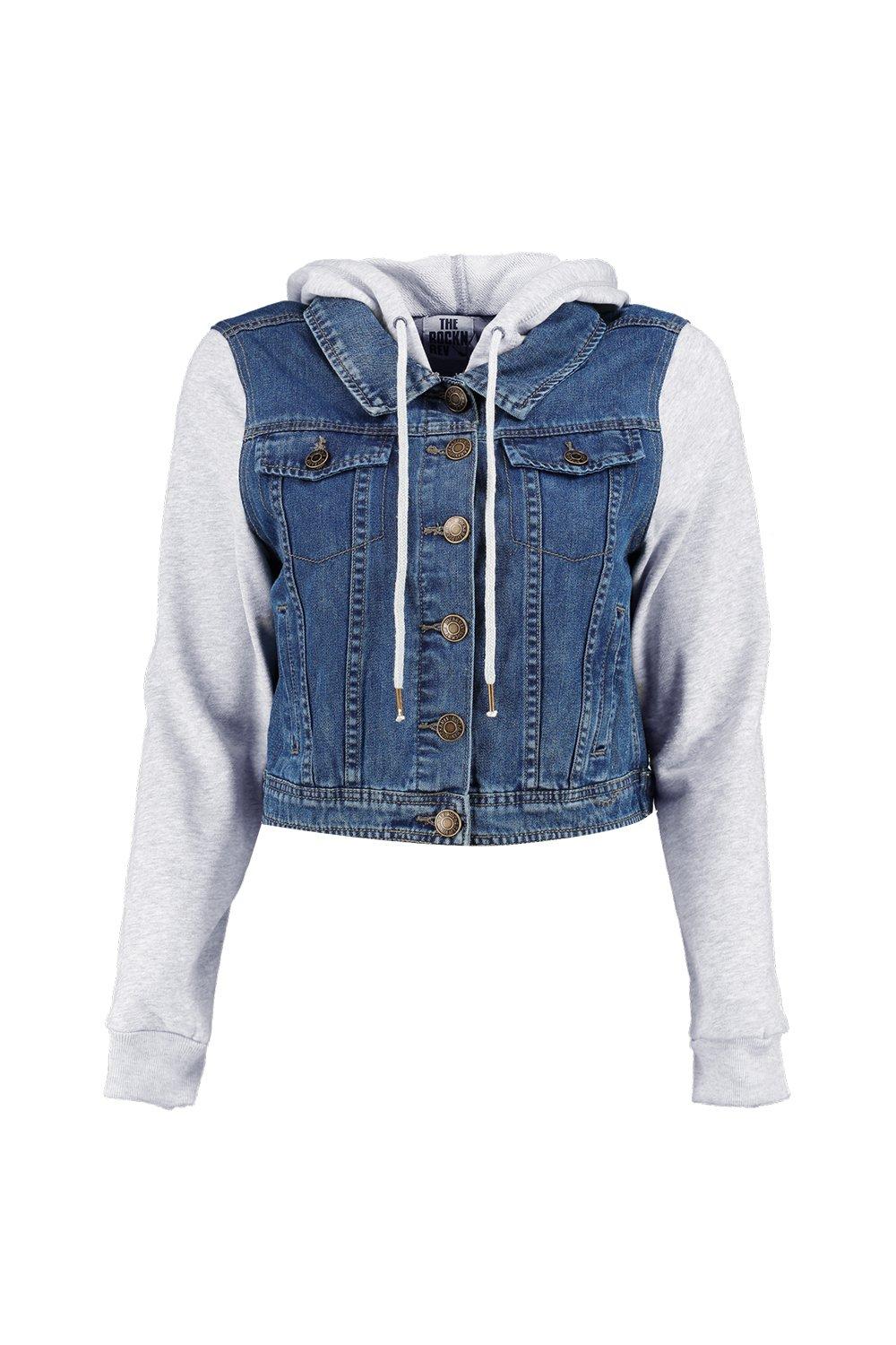 denim jacket with jersey hood