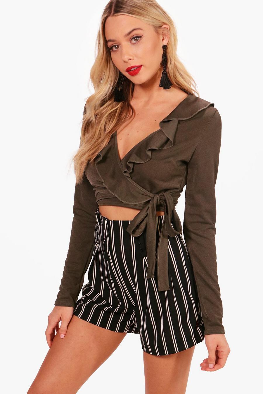 Khaki Wikkel Crop Top Met Ruches image number 1