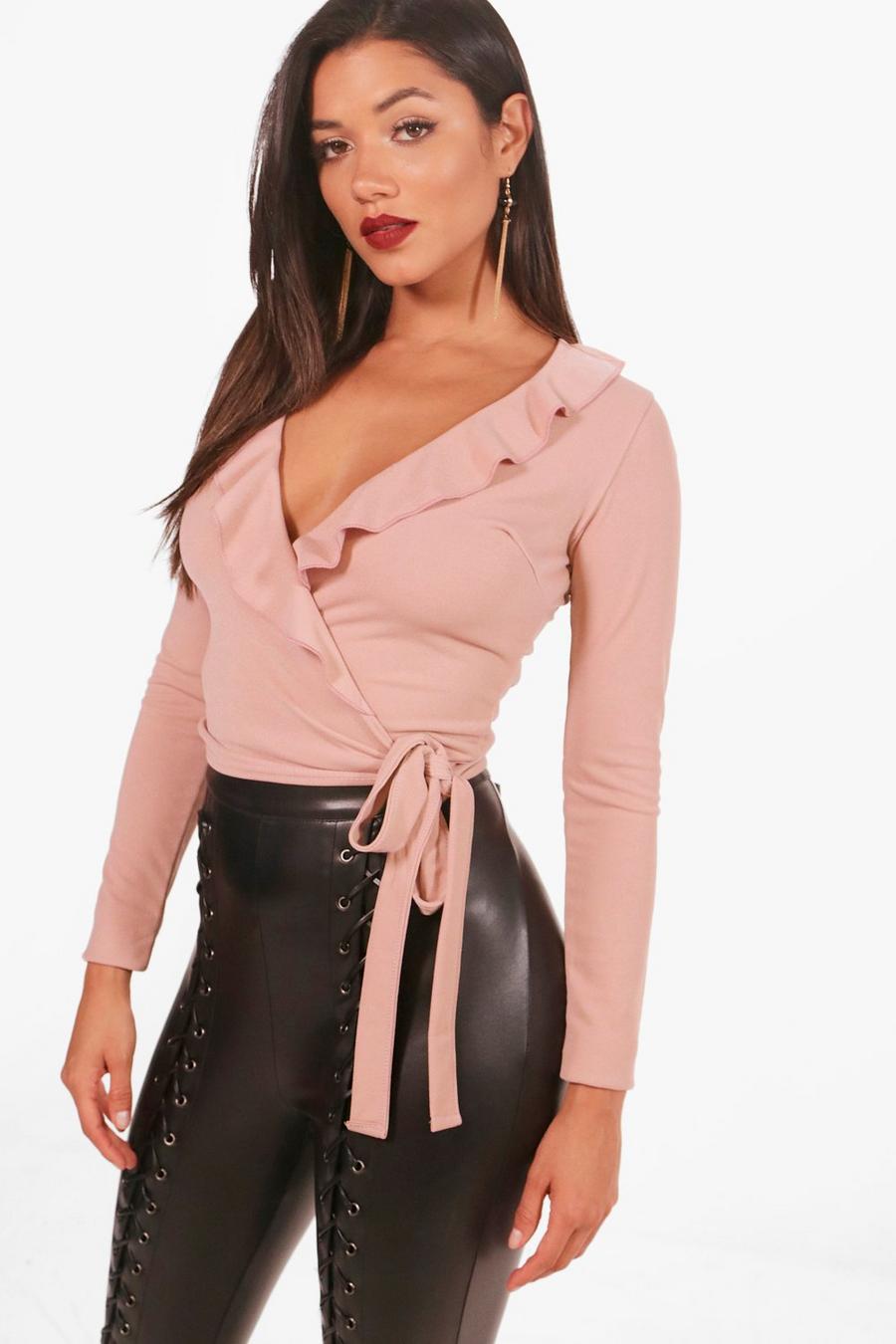 Nude Ruffle Wrap Front Crop Top image number 1