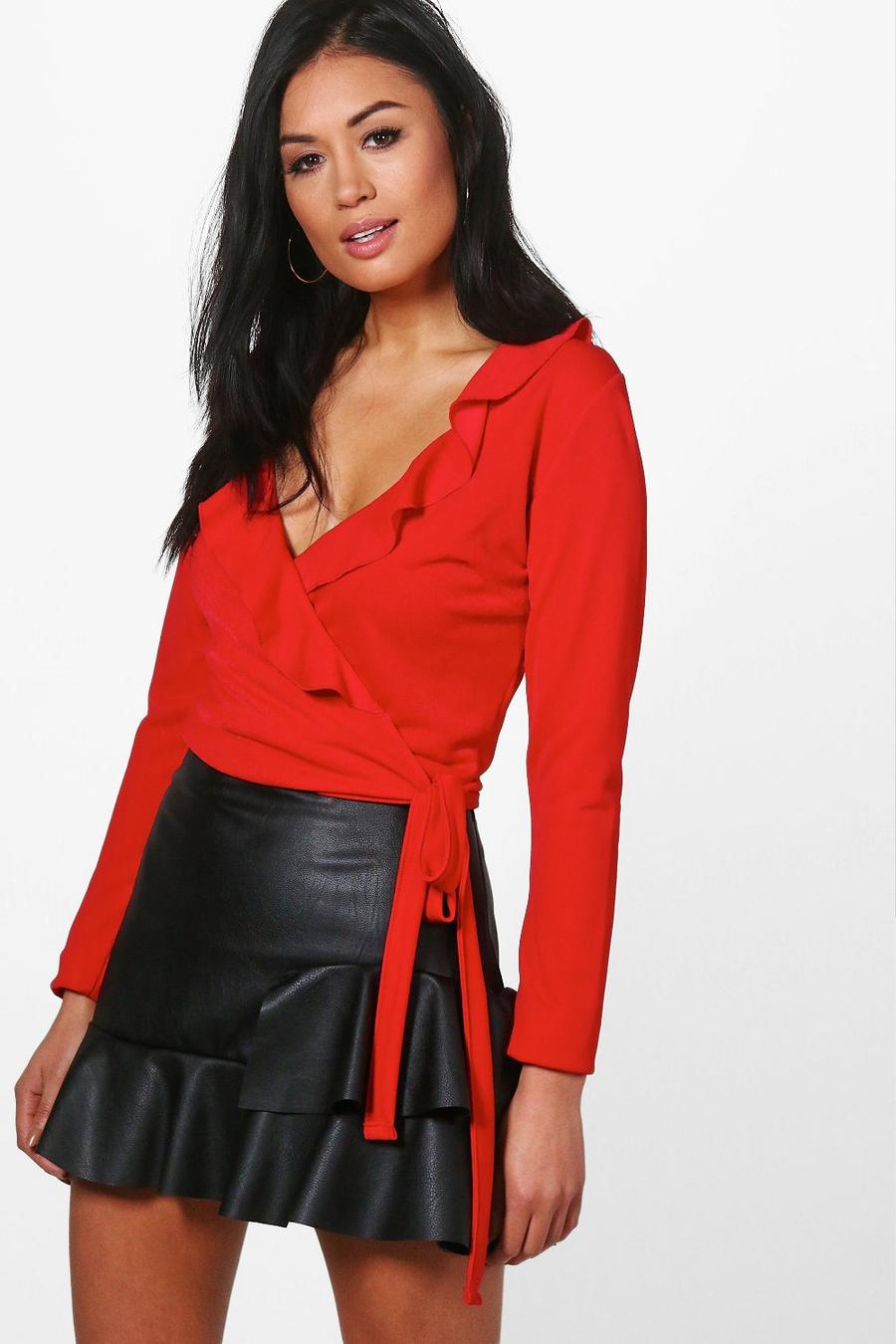 Red Ruffle Wrap Front Crop Top image number 1