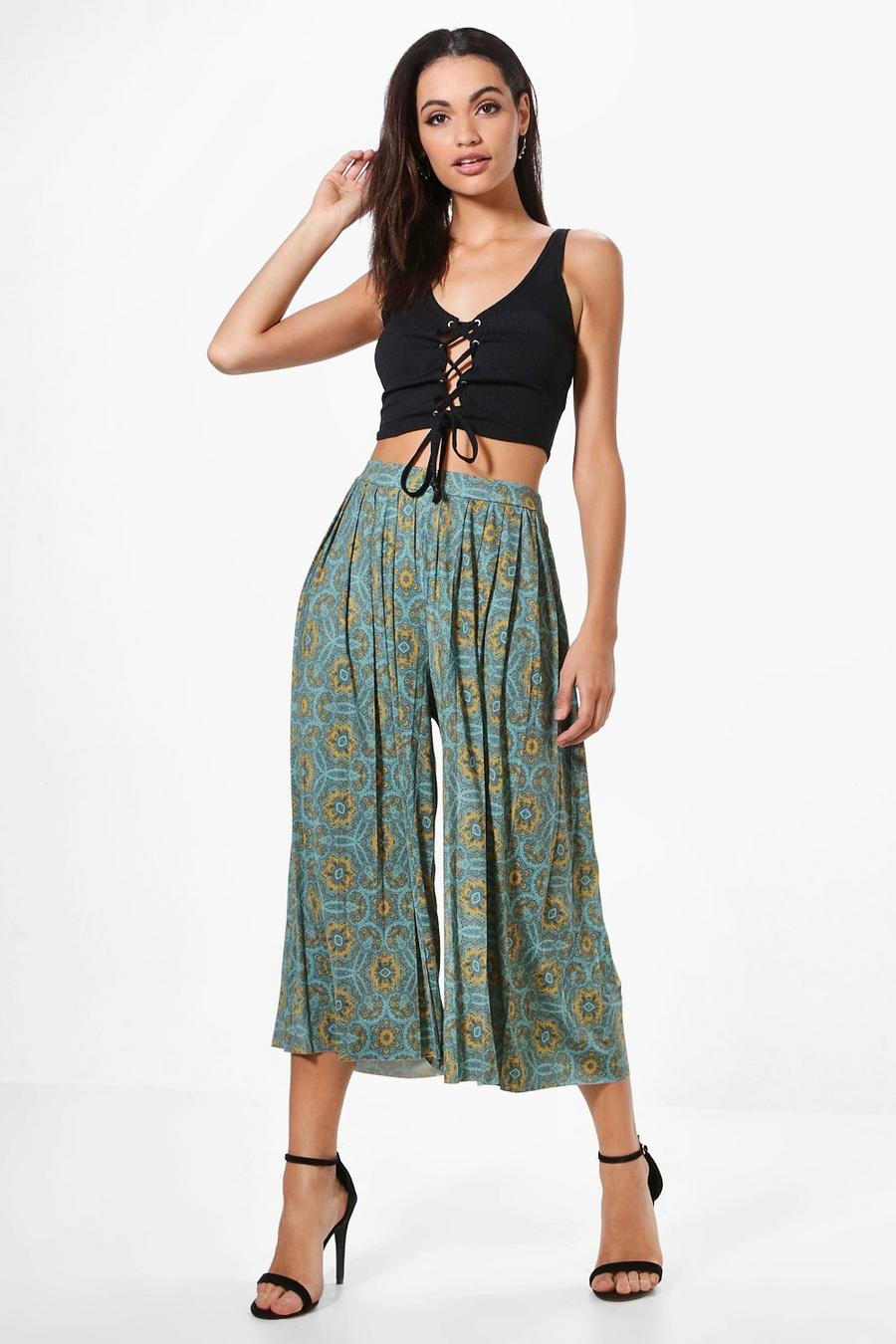 Turquoise Anah Bohemian Print Pleated Culottes image number 1