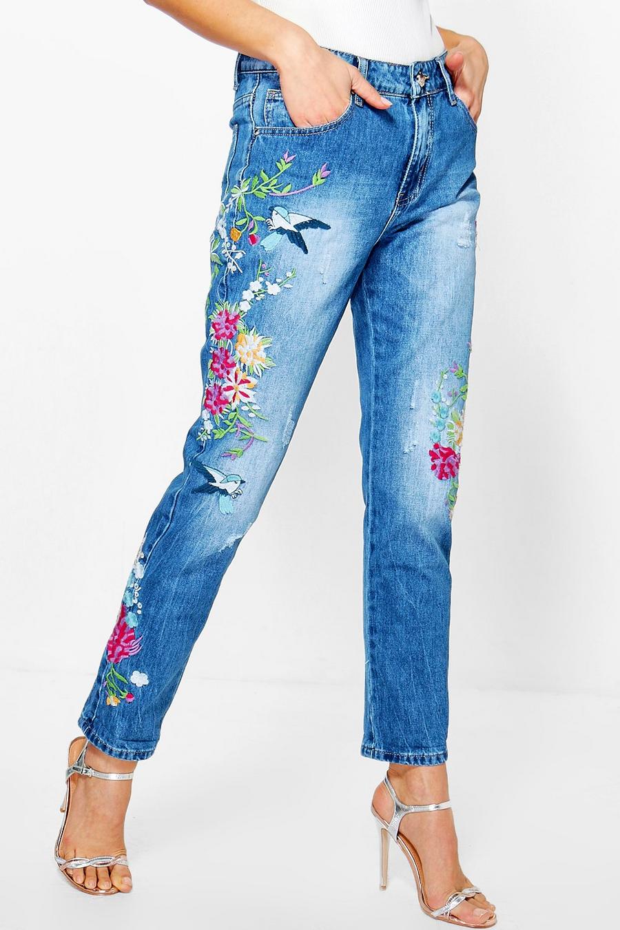 Mid blue Molly Mid Rise All Over Embroidered Boyfriend Jeans image number 1