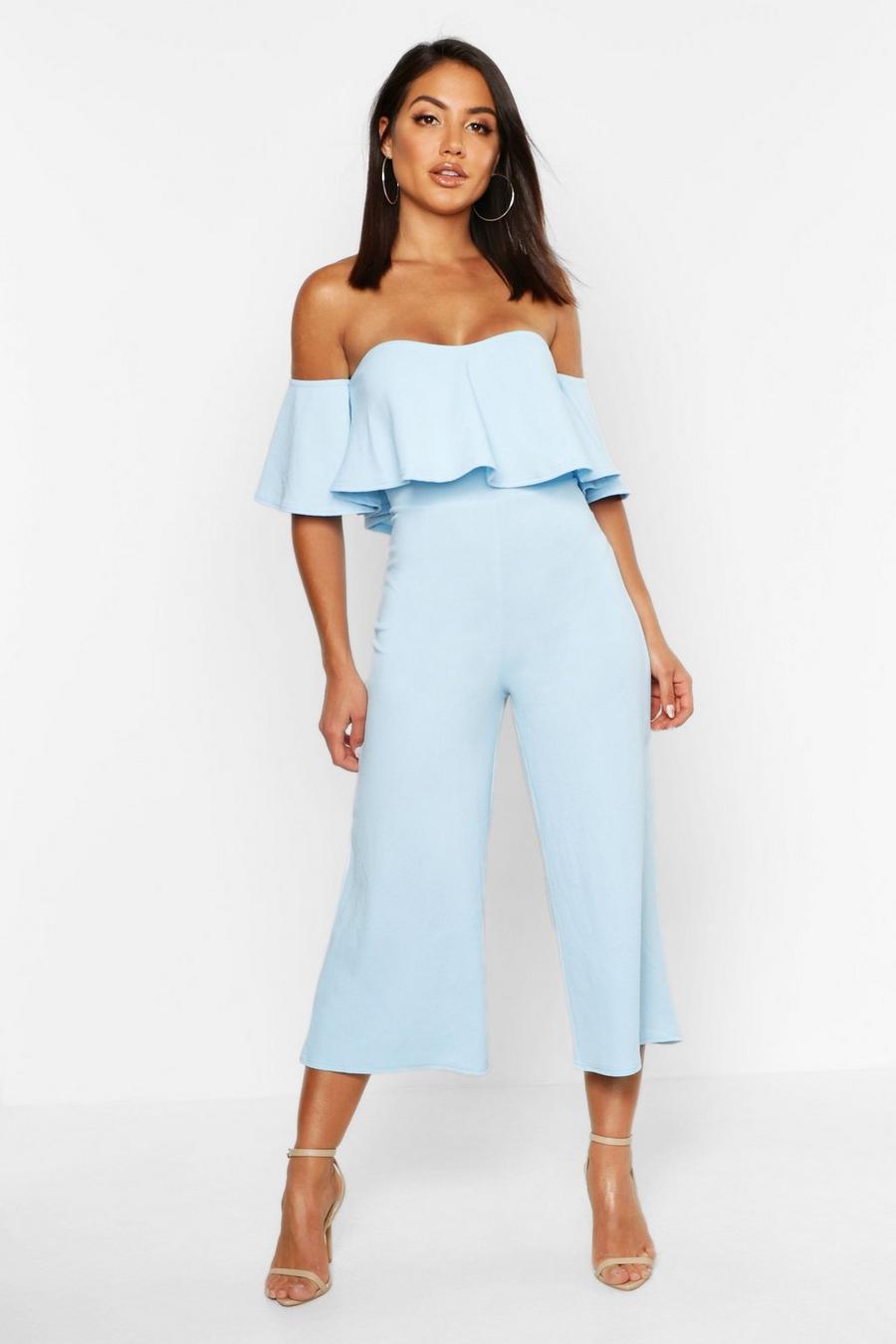 Baby blue Off The Shoulder Ruffle Culotte Jumpsuit