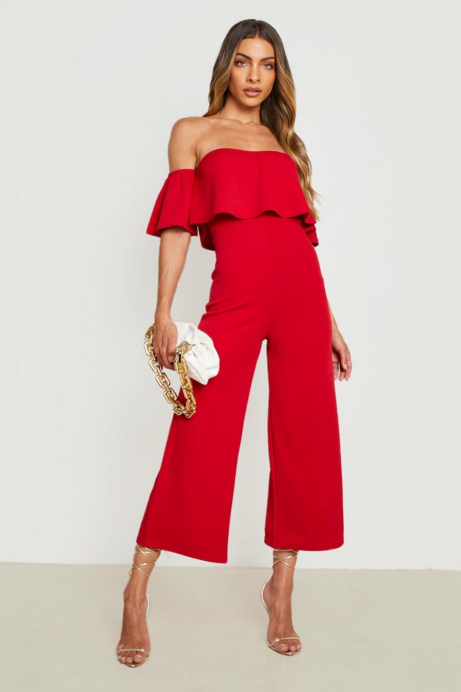Red Off The Shoulder Ruffle Culotte Jumpsuit