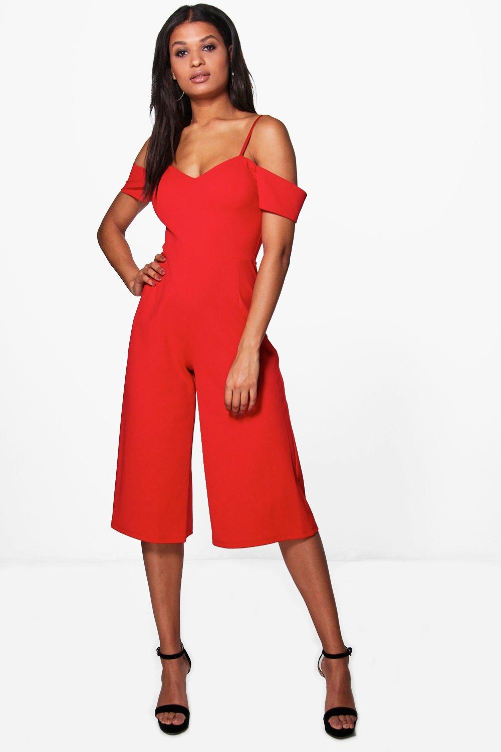 Schulterfreier Jumpsuit Mit Hosenrock Boohoo