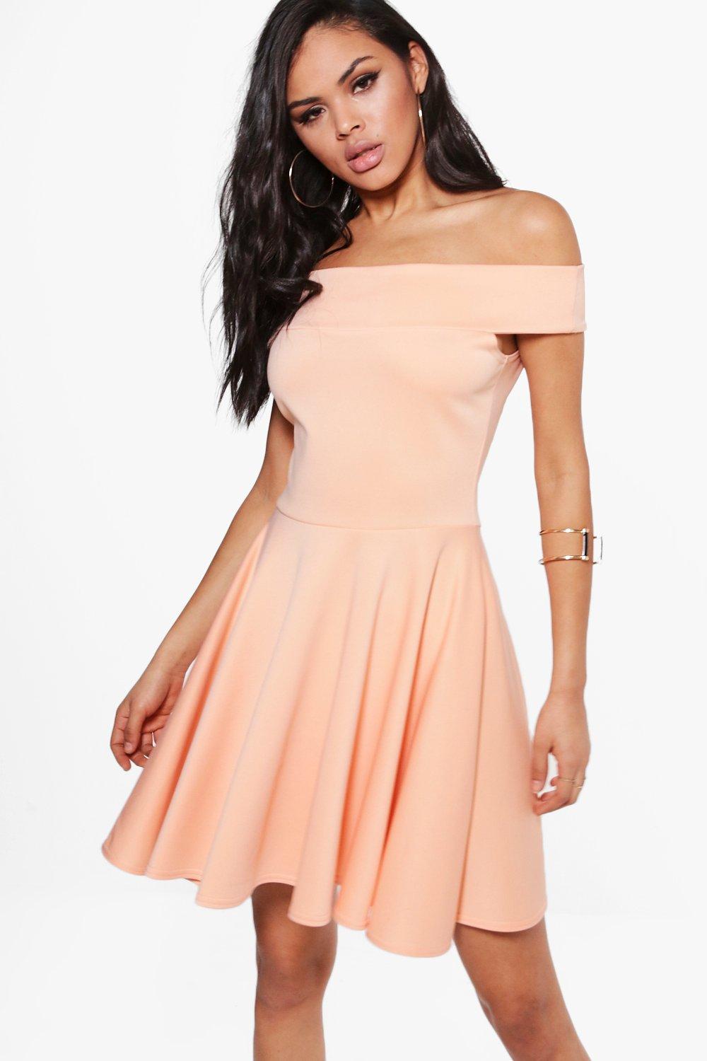 boohoo off shoulder skater dress