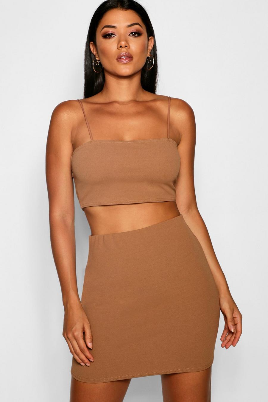 Camel Strappy Crop And Mini Skirt Co-Ord Set image number 1