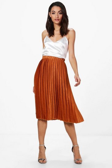 Women's Premium Aura Satin Pleated Midi Skirt | Boohoo UK