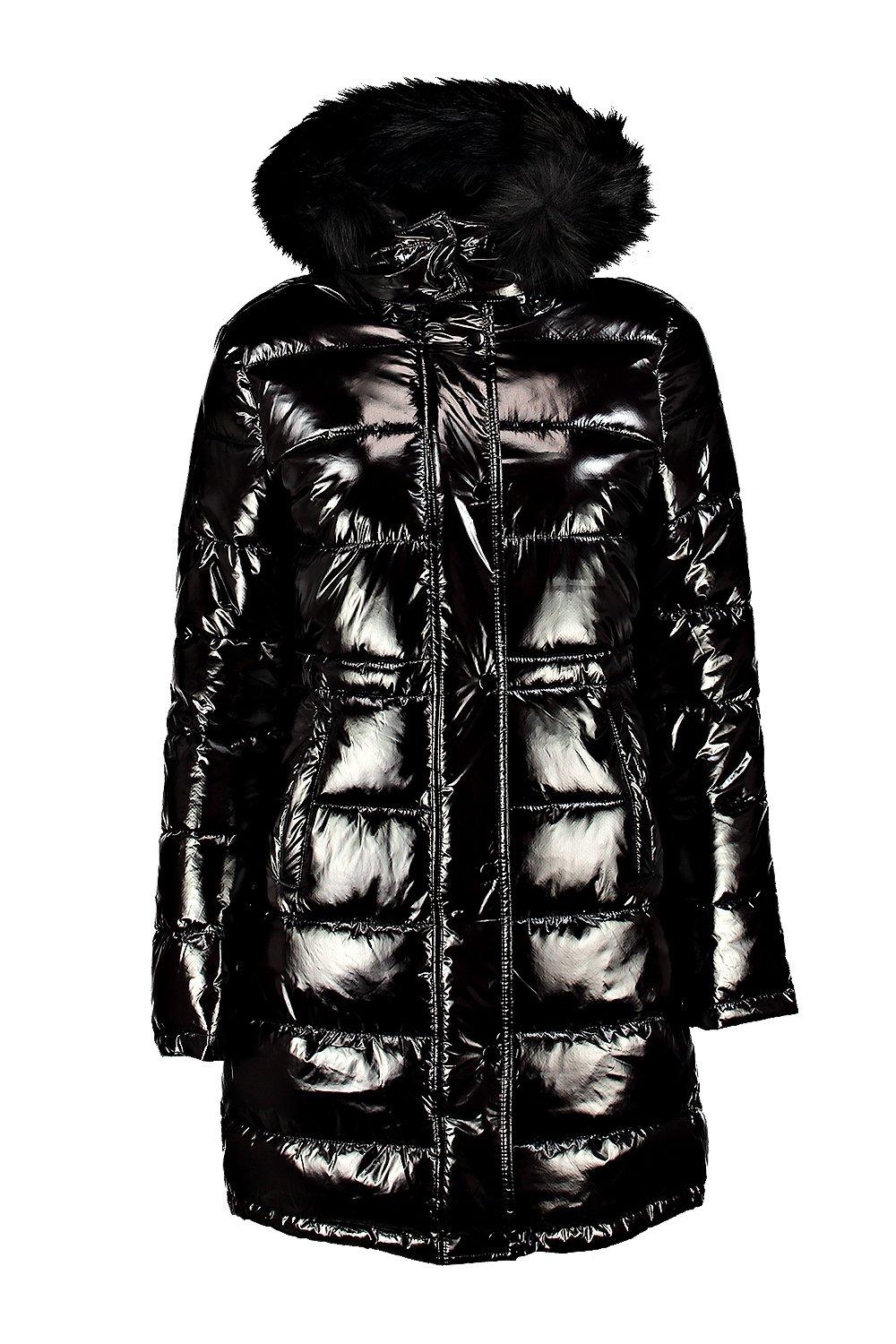 Black wet look coat boohoo on sale