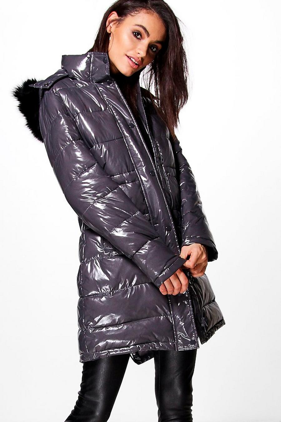 Grey Lexi Wet Look Padded Coat image number 1