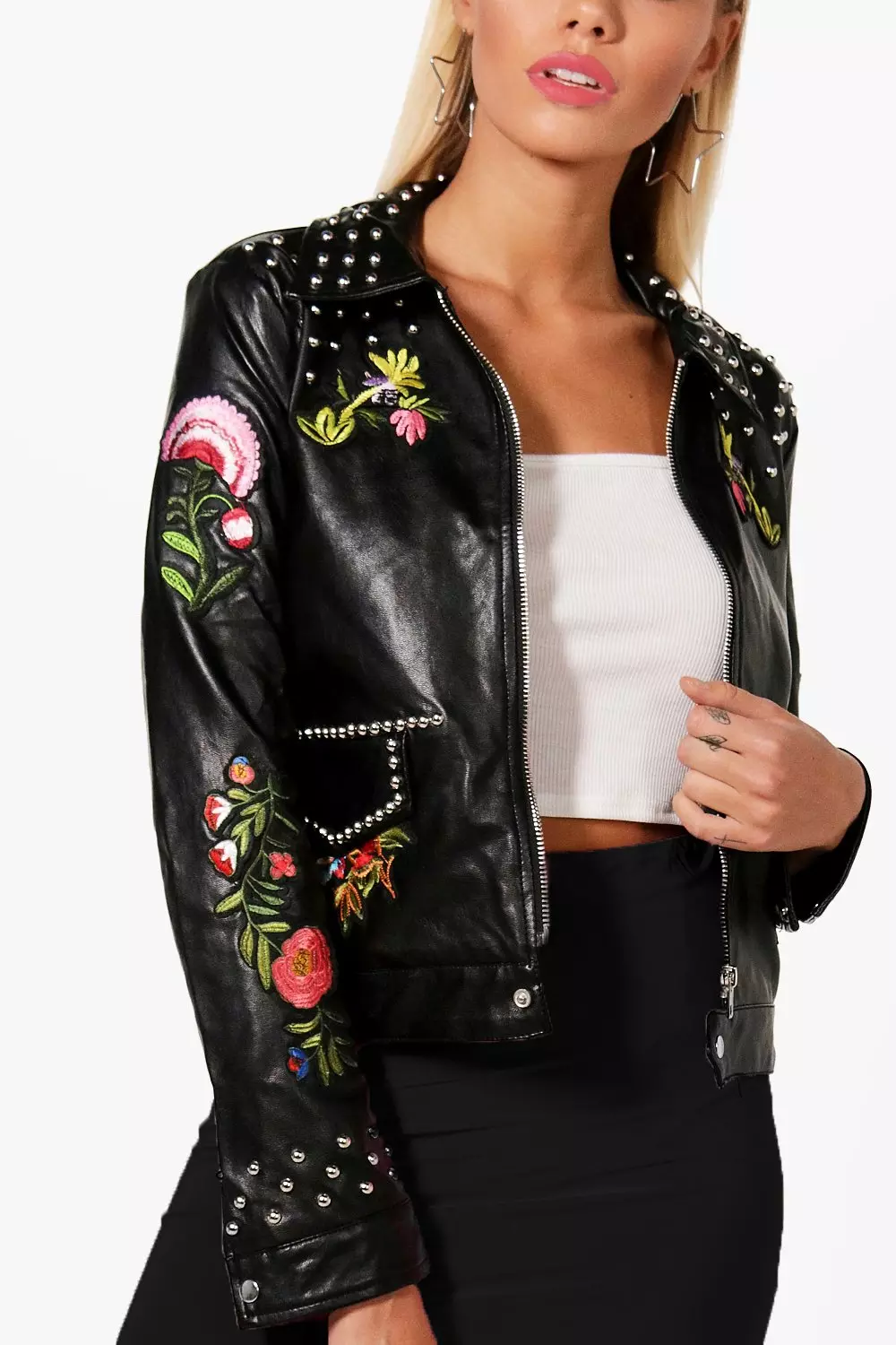 Studded embroidered leather jacket sale