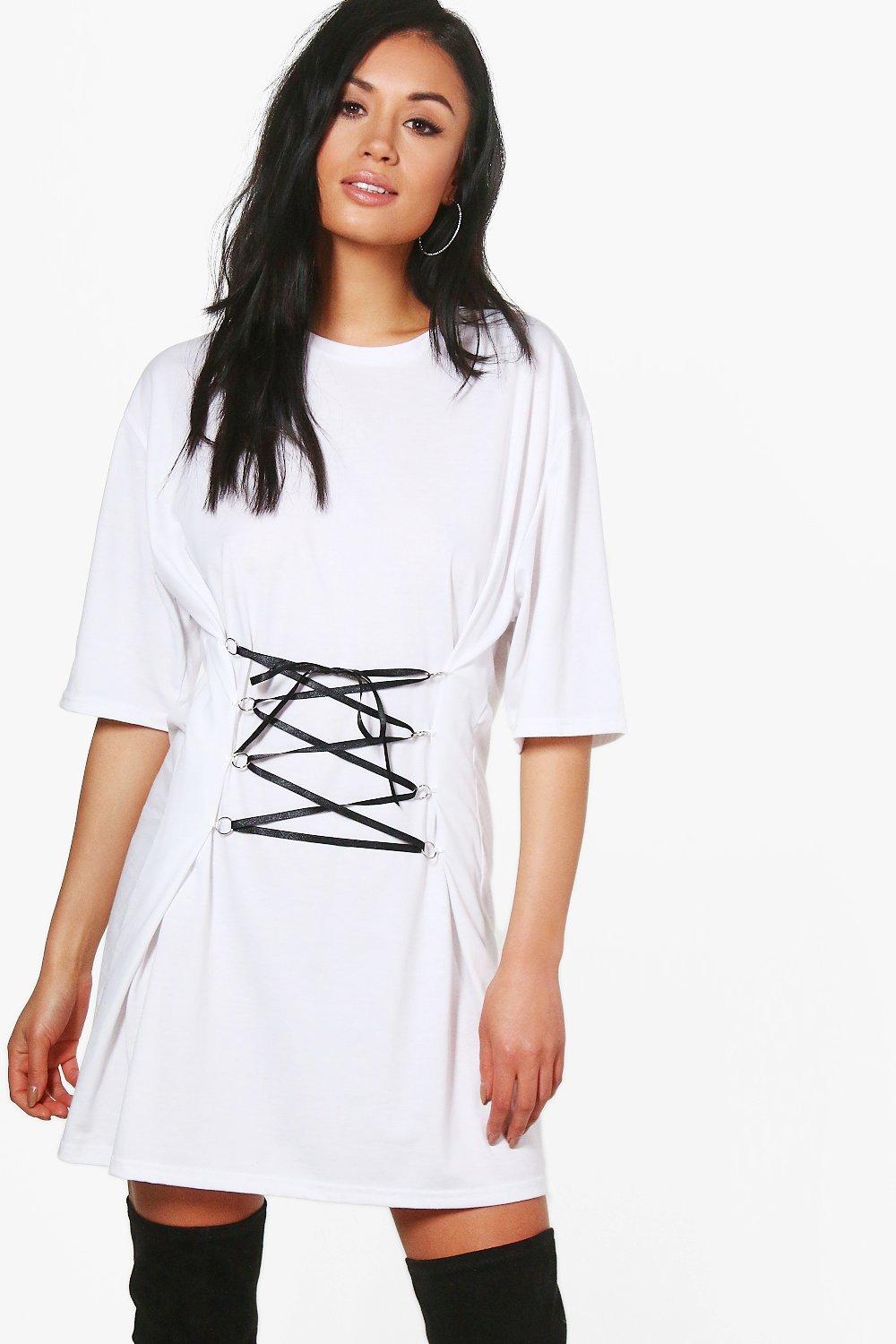 white lace up t shirt dress