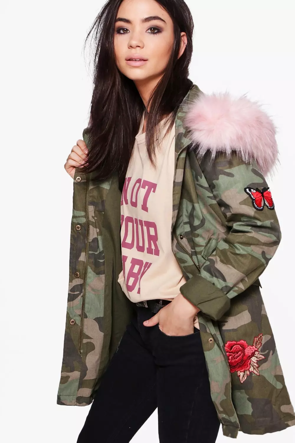 Camouflage parka with pink cheap fur hood