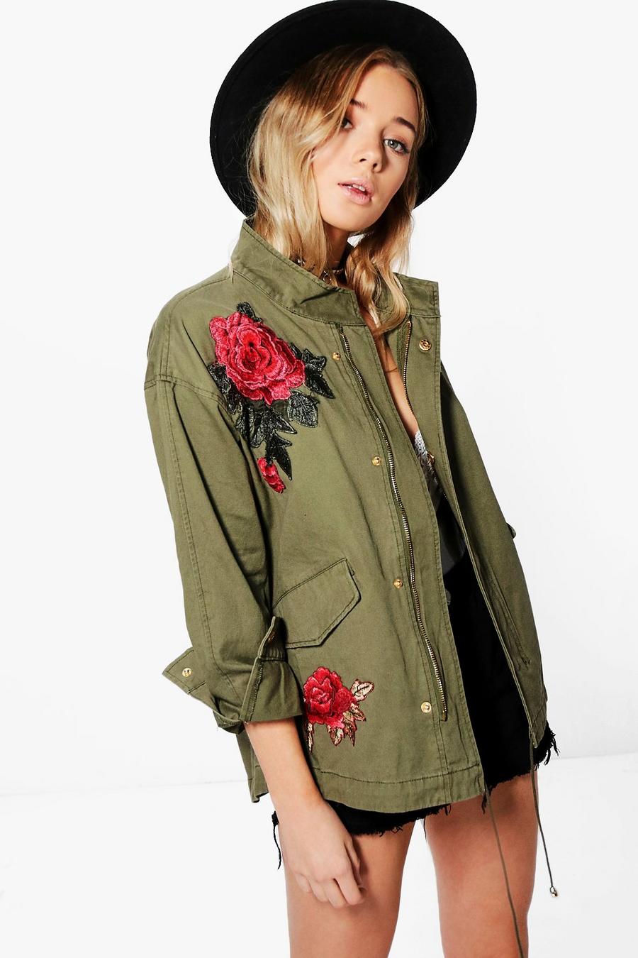 Khaki Elizabeth Boutique Rose Embroidered Military Jacket image number 1