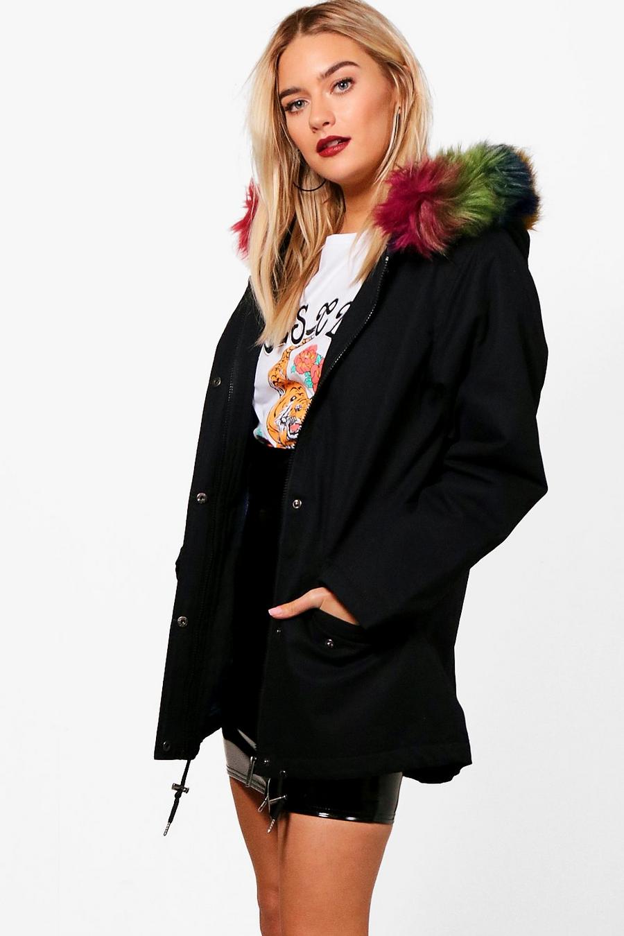 Ashley Parka mit Kunstpelzkapuze in Regenbogenfarben & Futter image number 1