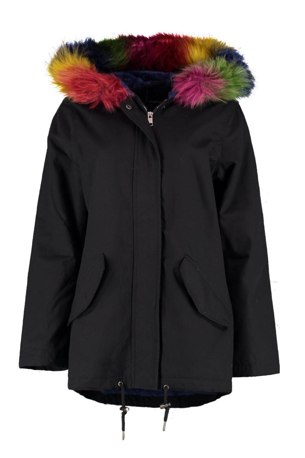 rainbow fur hood coat