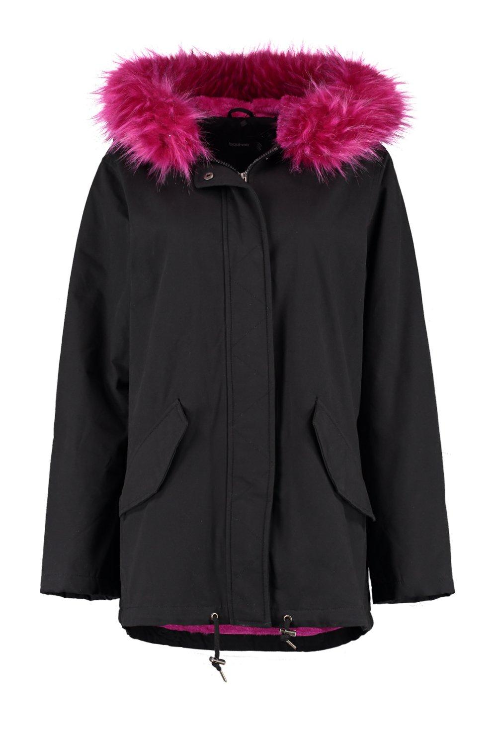 women's parka with pink fur hood