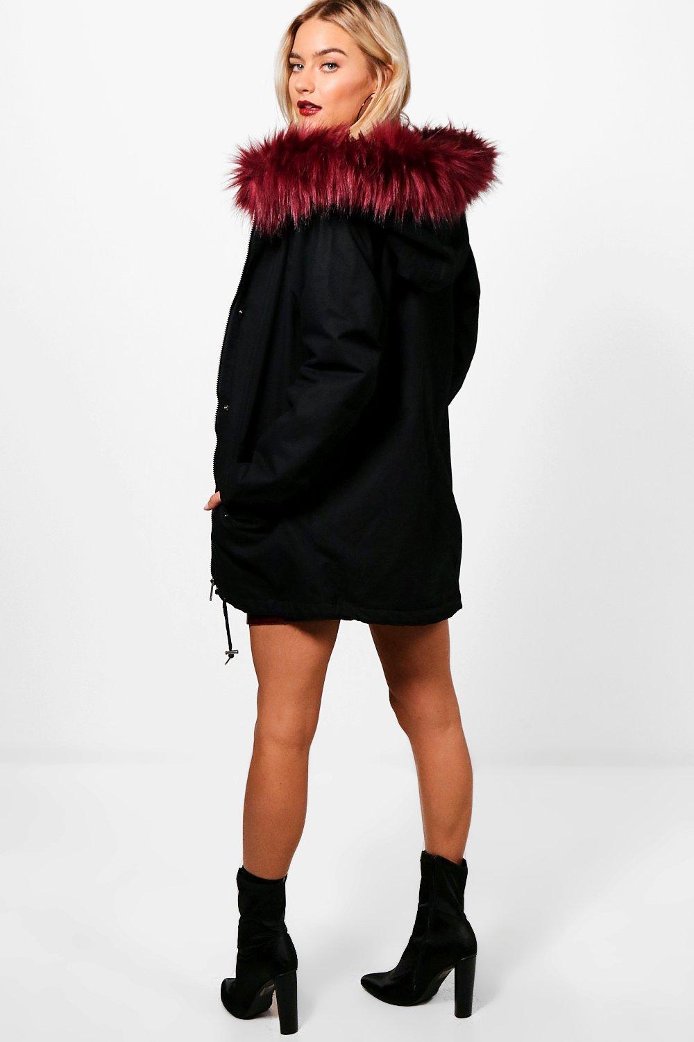 Burgundy fur store hood coat