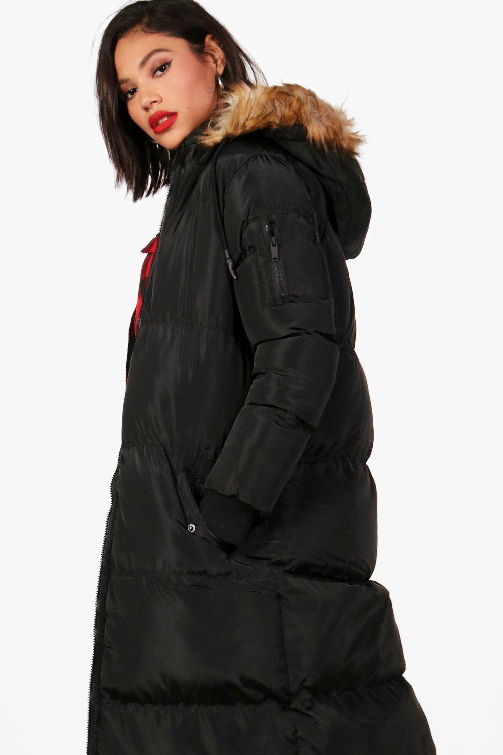 Boohoo longline padded coat cheap with hood in black