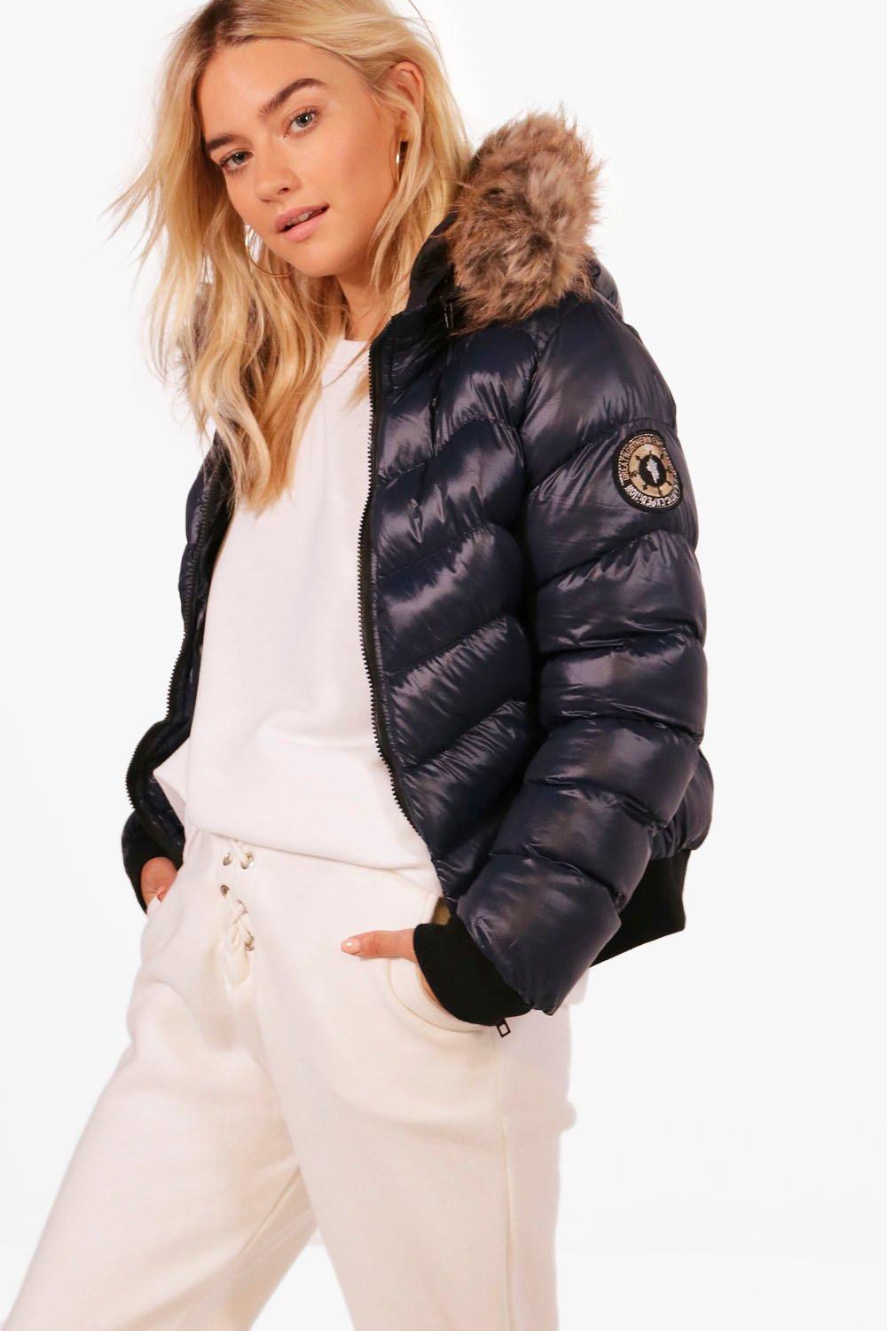 cropped padded jacket with faux fur hood