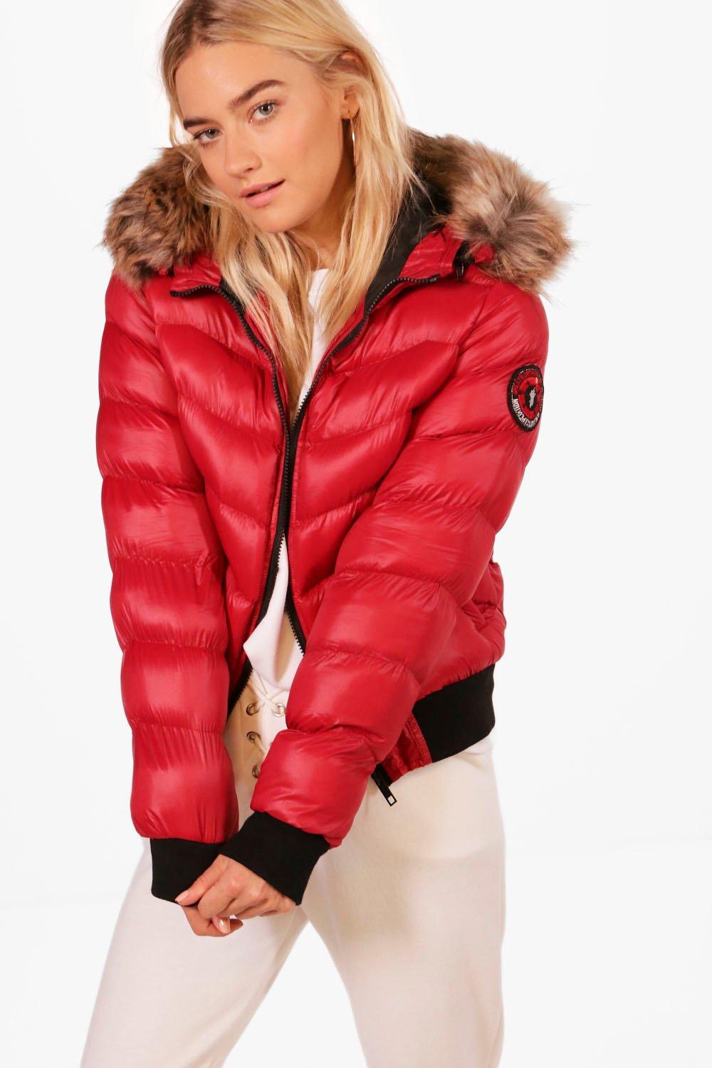 red padded jacket with fur hood