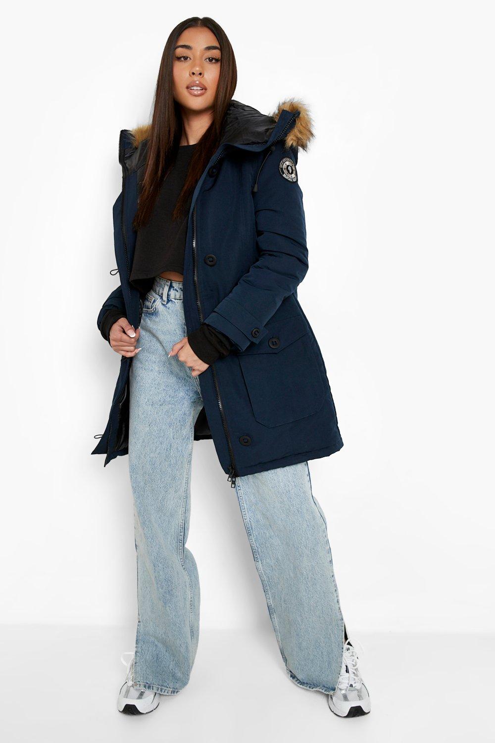 Boohoo padded coat outlet with faux fur hood