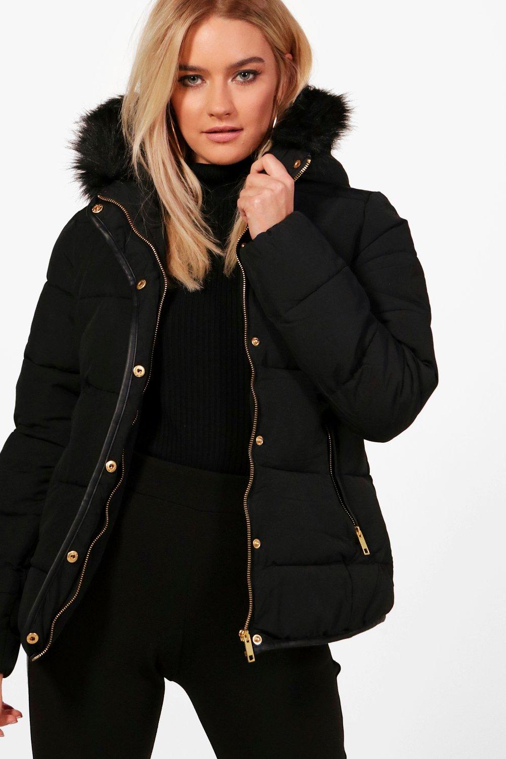 black quilted jacket with fur hood