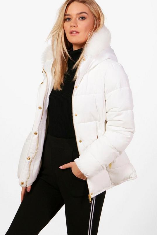 Fitted Padded Jacket With Faux Fur Hood, Boohoo Hooded Faux Fur Coat Black And White