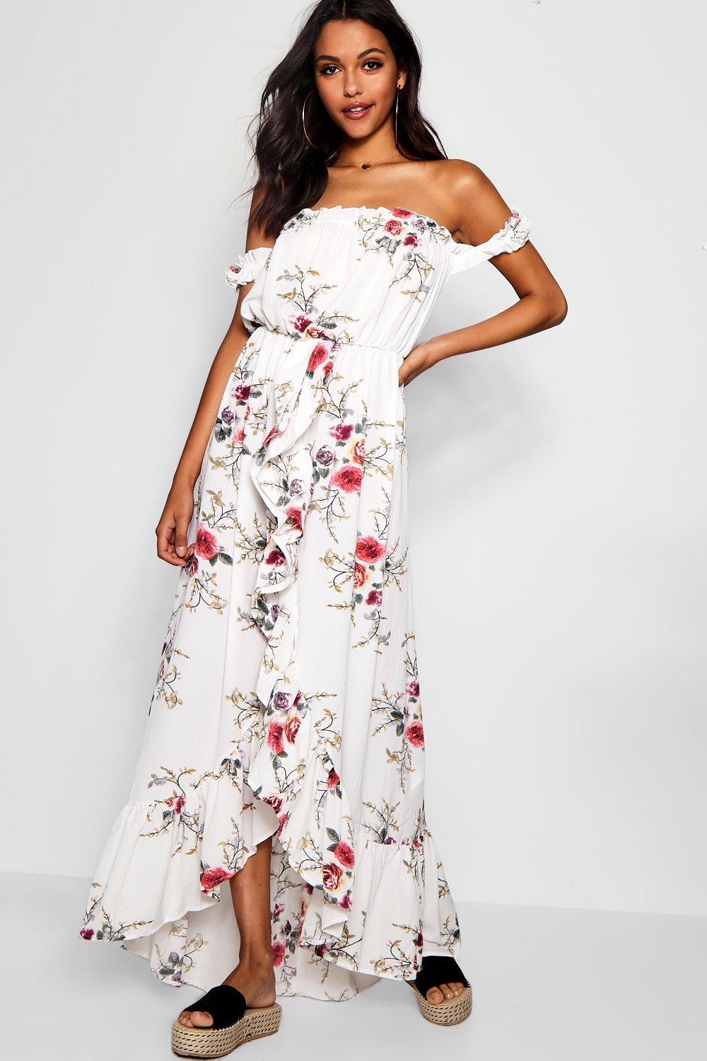 boohoo off the shoulder maxi dress