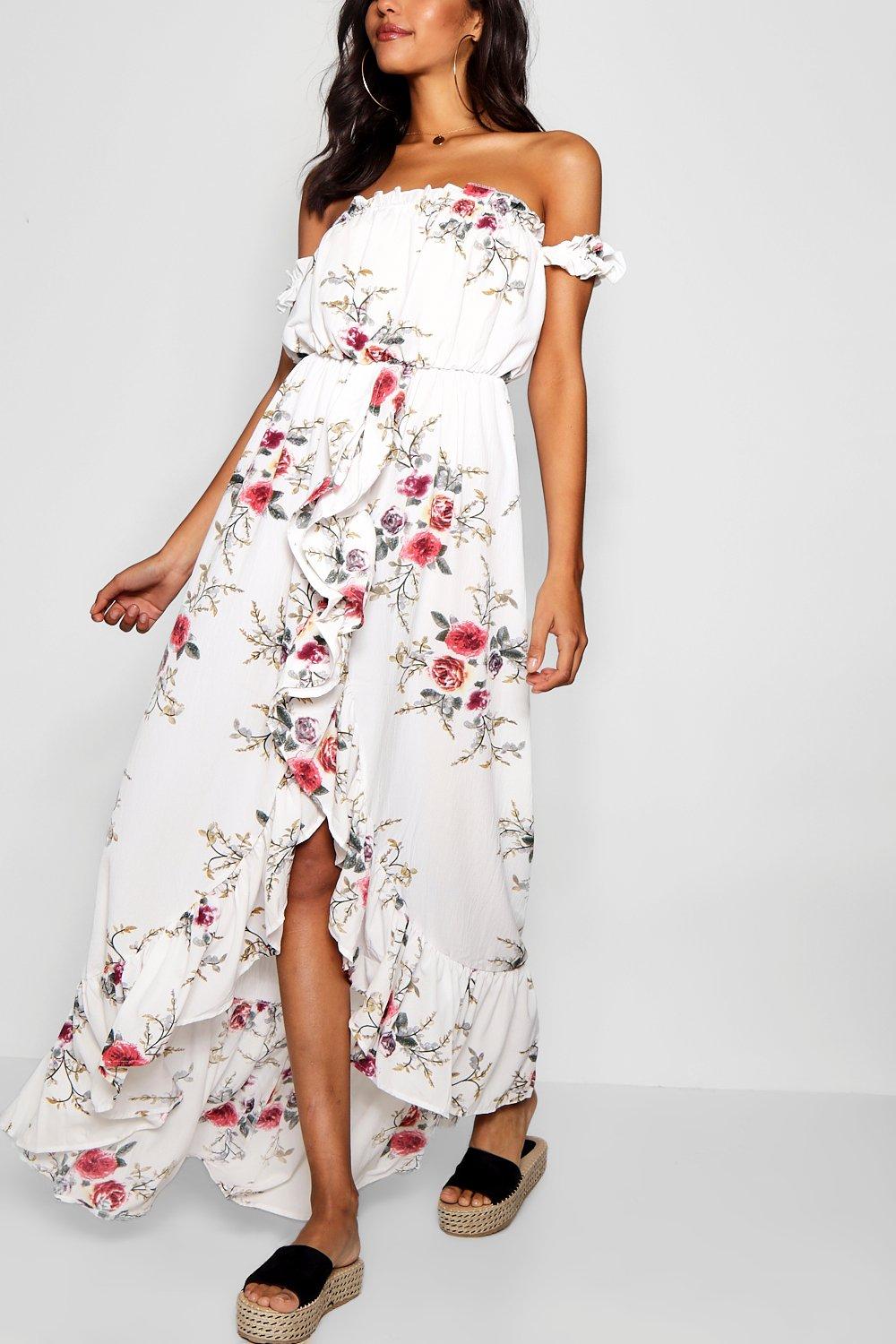 boohoo floral off the shoulder dress